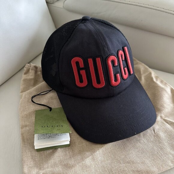 NWT GUCCI BASEBALL CAP BLACK RED SIZE XS Logo Hat Unisex - Picture 6 of 11